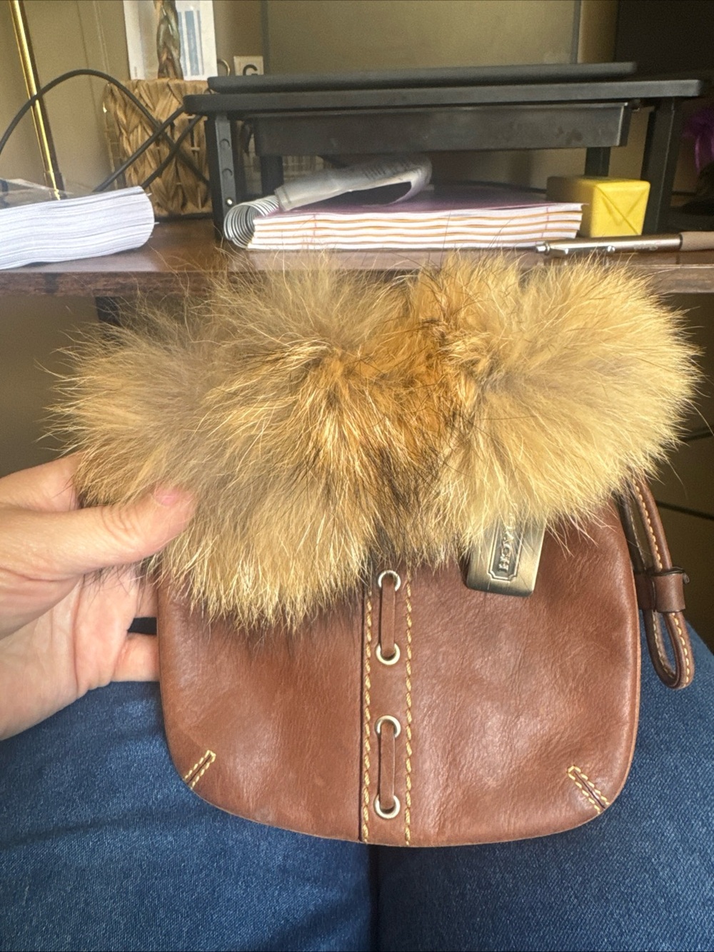 Coach Brown Leather Crossbody Bag with coyote  Fur Trim